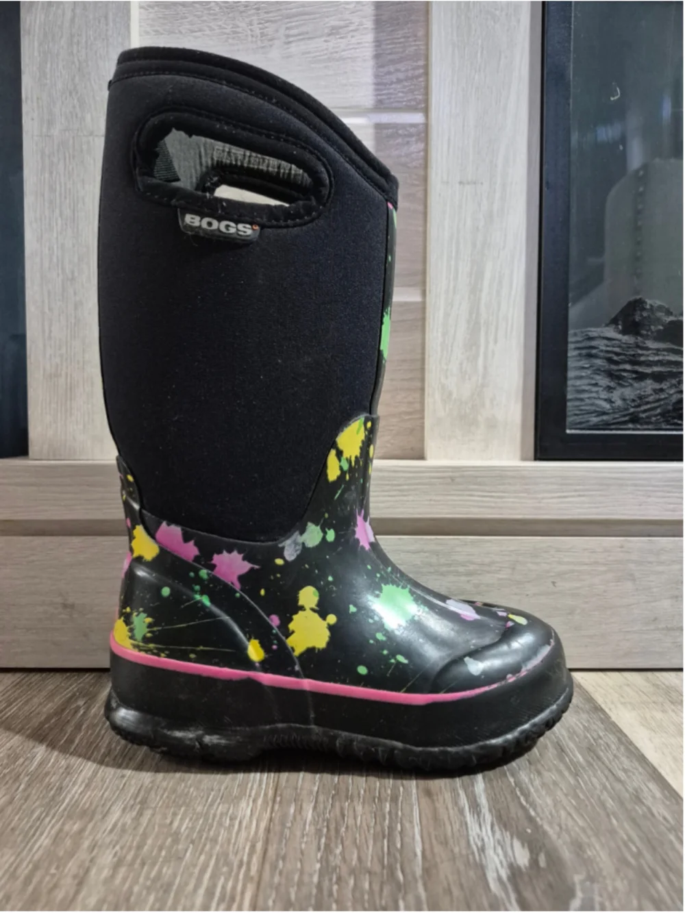 Girls Bogs Paint Splatter Rain Boots Size 11 Black Multi-color